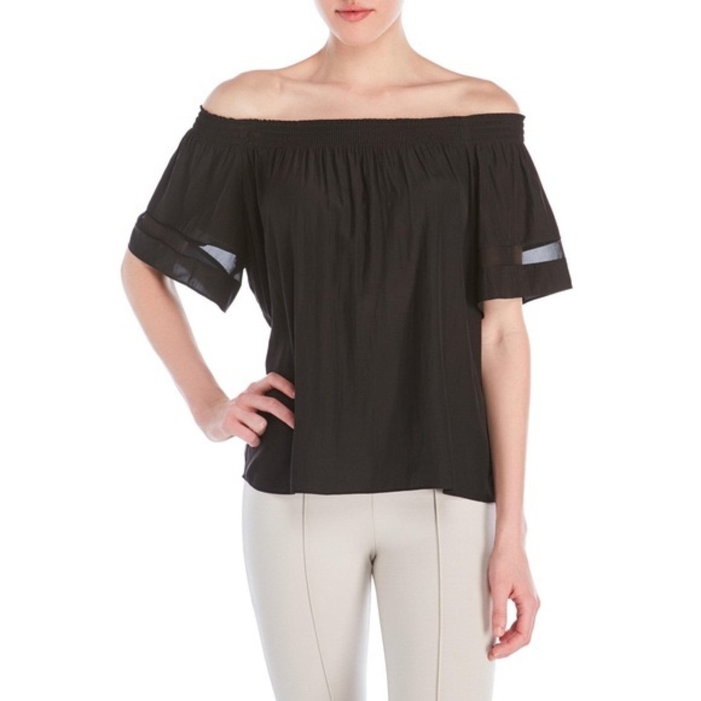 Ramy Brook / black Jessica Smocked Off-shoulder short sleeve silk Top S